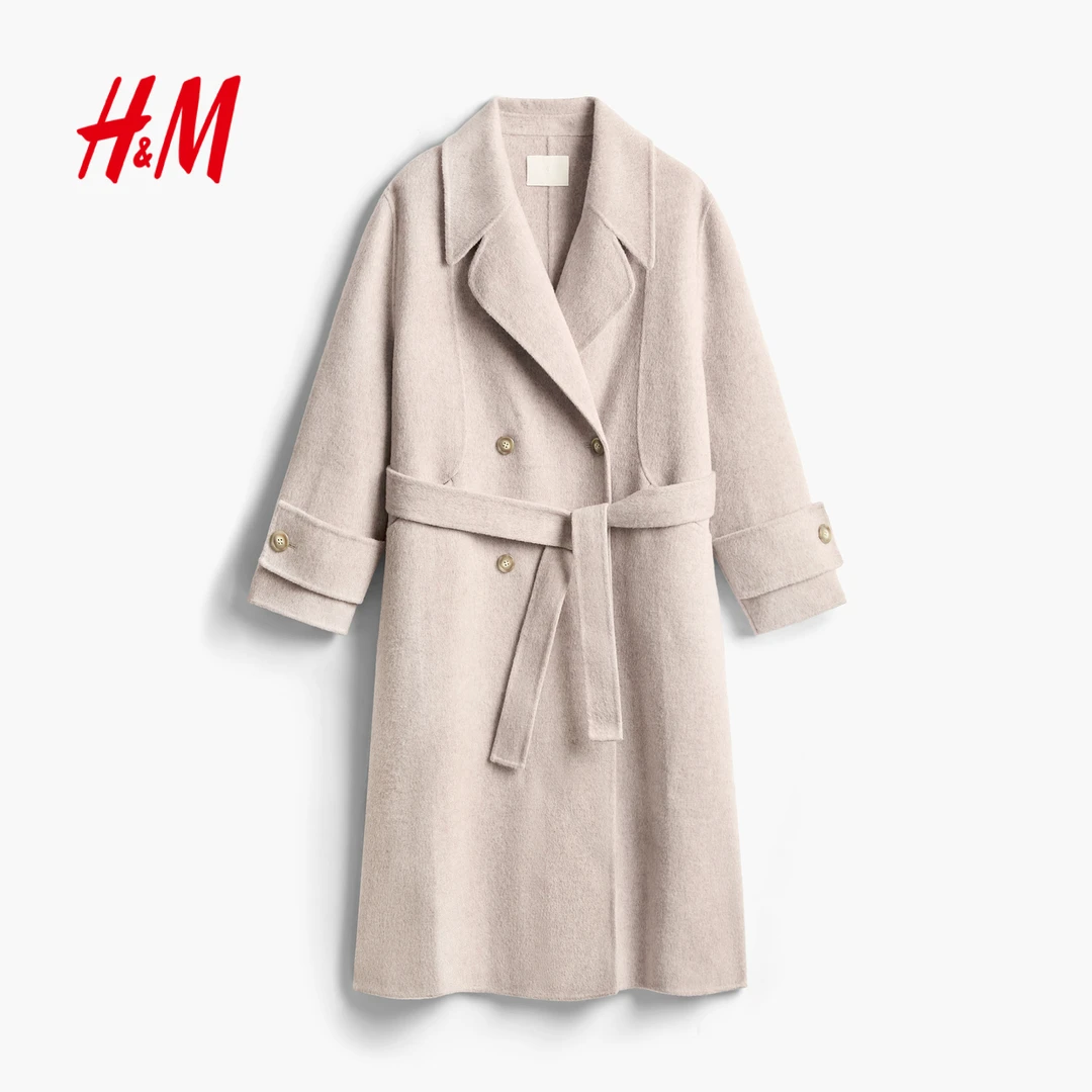 HM女装2025冬装新款静奢老钱风经典双面呢长款羊驼毛大衣1000031