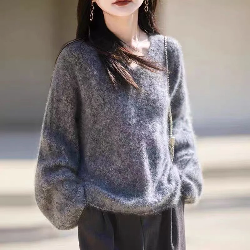 秋冬新款韩版V领100%羊毛衫女拉绒纯色针织衫宽松显瘦毛衣打底衫