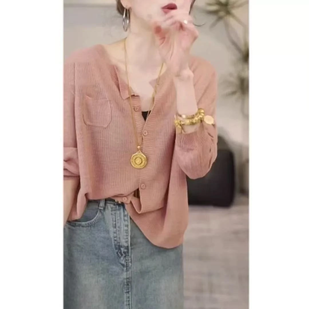 肉桂粉~和纸纱亚麻长袖防晒针织开衫女春夏质上衣