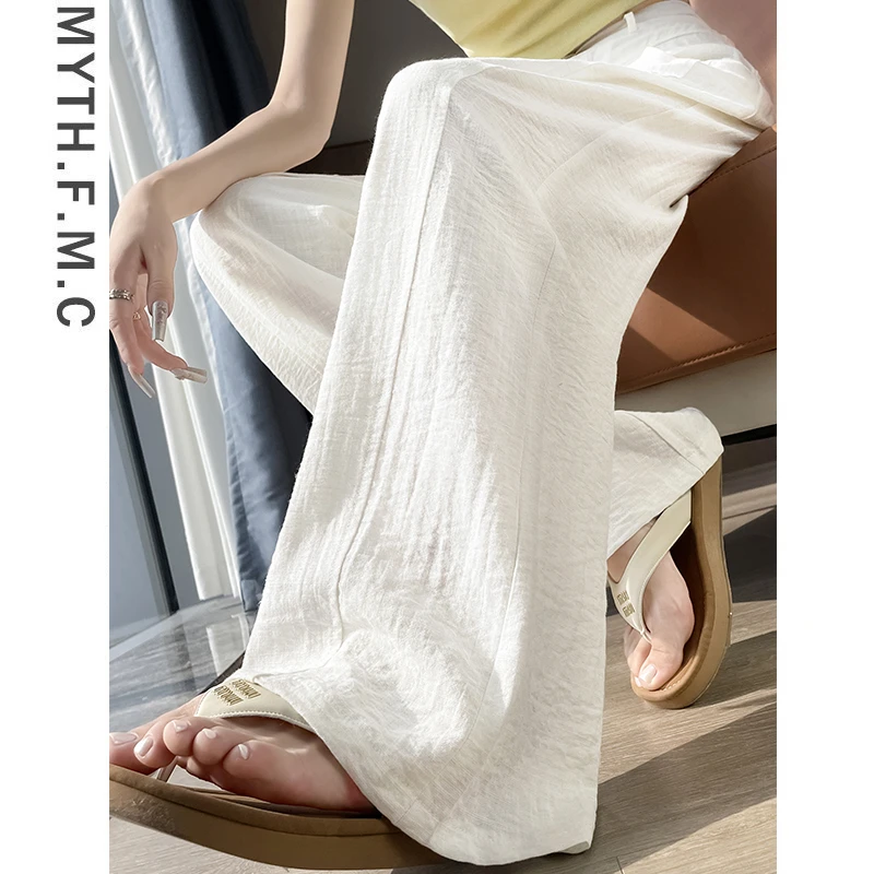 白色夏天亚麻西装裤子女夏季薄款2025新款宽松冰丝直筒阔腿裤垂感