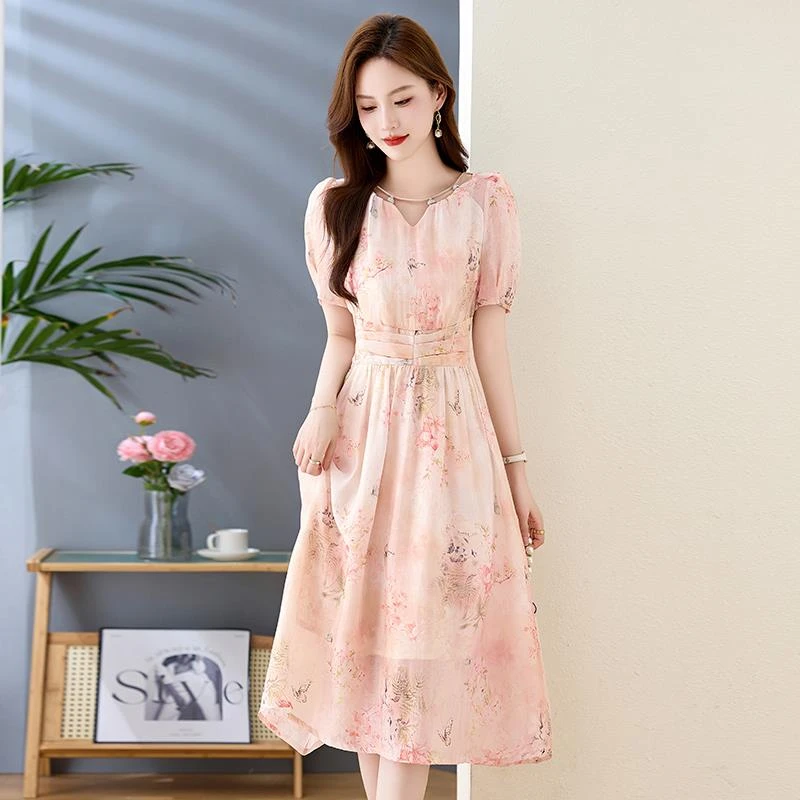 法芬图印花连衣裙女夏2025新款时尚气质名媛遮肚显瘦精致绝美裙子