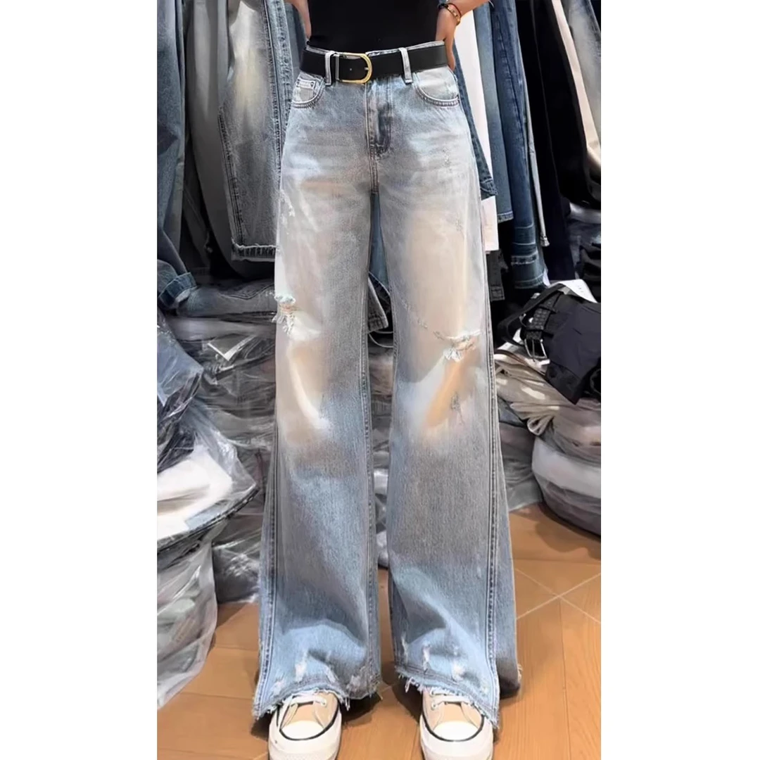 欧货浅蓝色直筒牛仔裤女夏季新款高腰破洞毛边开叉宽松阔腿拖地裤