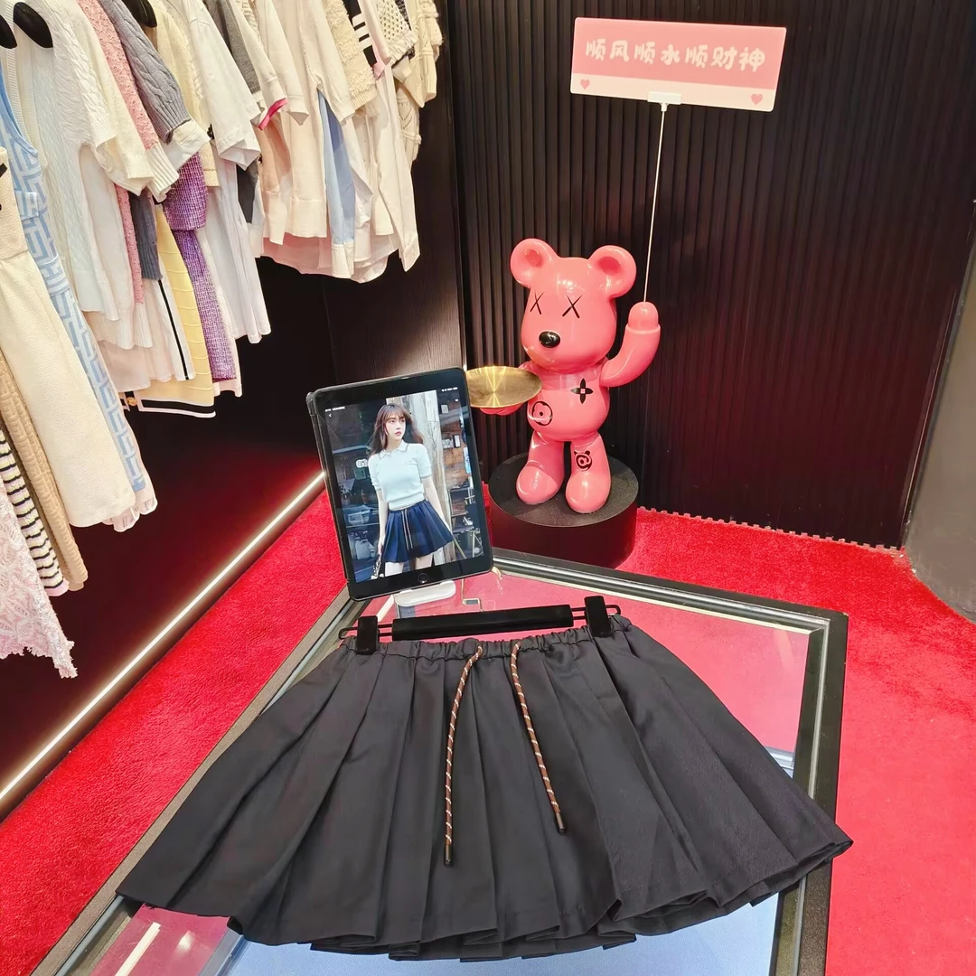 4770 夏季藏蓝色抽绳百褶显瘦松紧腰防走光半身短裙