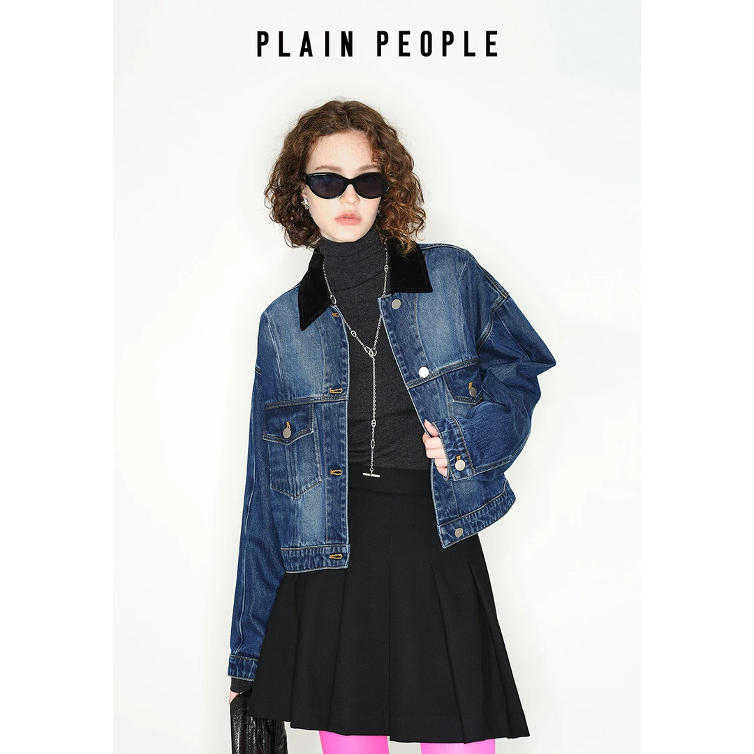 PLAIN PEOPLE【丹宁牛仔】深蓝翻领短款拼接牛仔外套秋款