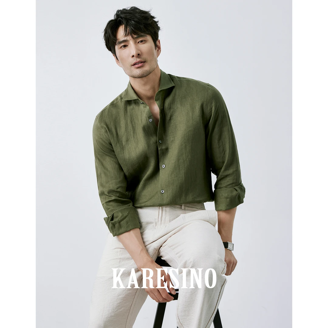 KARESINO顶奢舒适透气雨露麻亚麻衬衣男士休闲百搭温莎领衬衫长袖