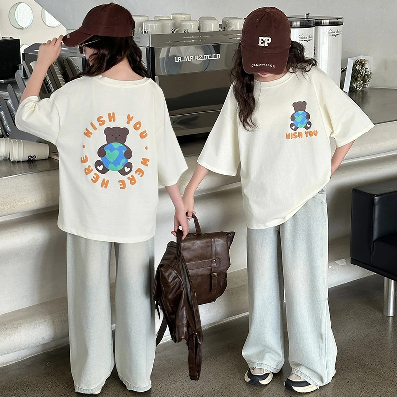 女童夏装短袖套装2025新款大童夏季休闲T恤儿童装阔腿裤牛仔裤子