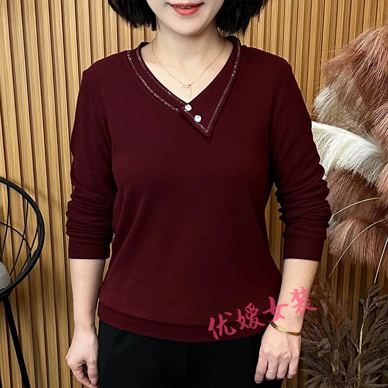 中老年女装秋冬双面绒不对称烫钻保暖显瘦百搭洋气妈妈装长袖上衣