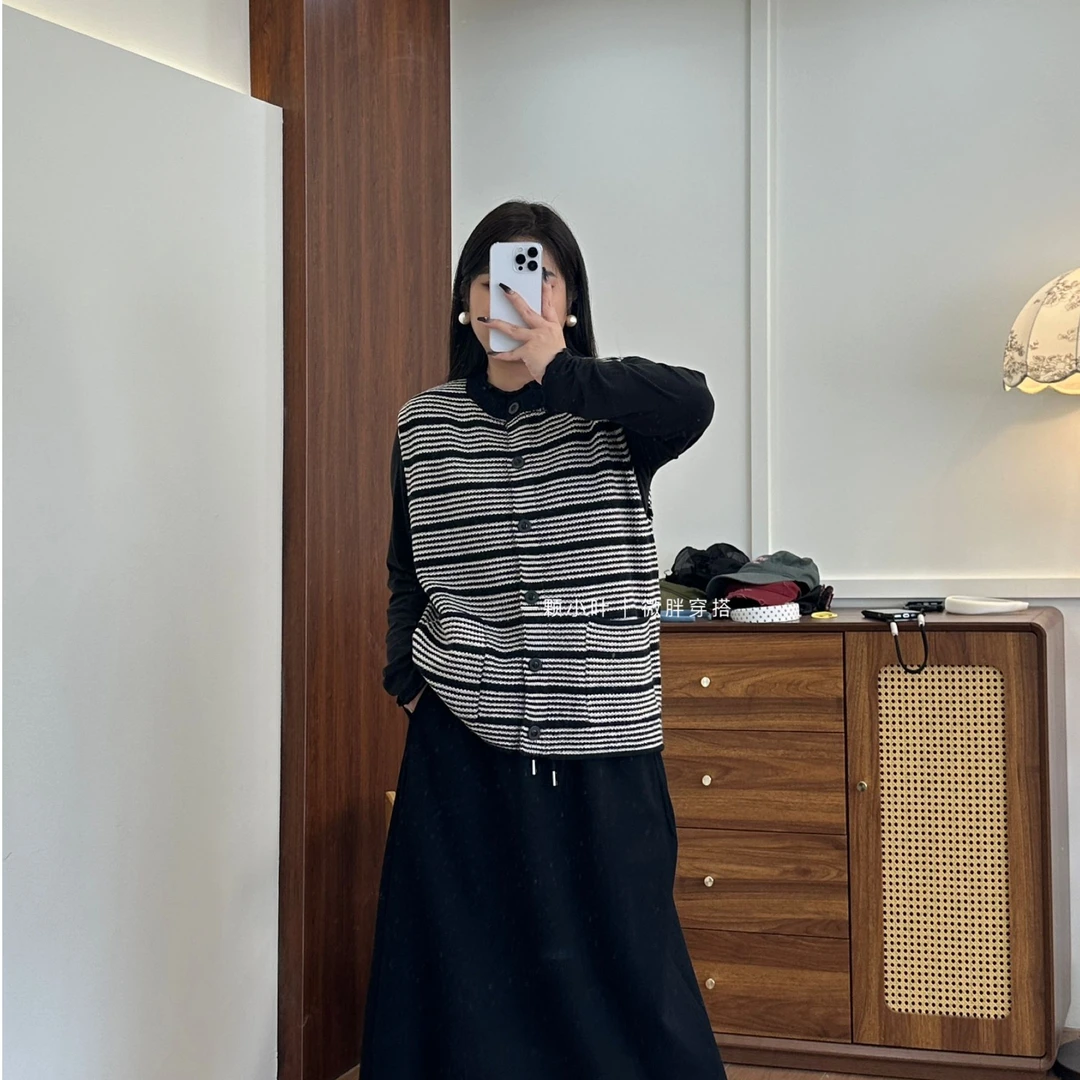 【一颗小叶】秋季大码韩版横条马甲宽松
