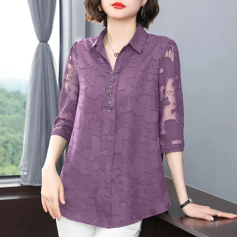 短袖女雪纺衫夏季大码女装宽松遮肚子上衣新款妈妈中袖七分袖衬衫