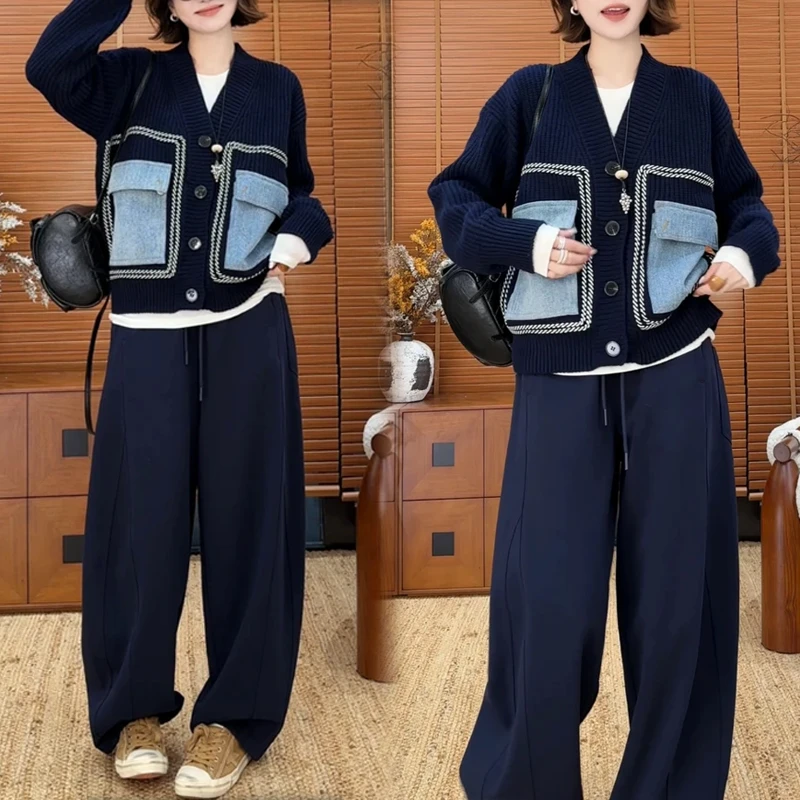 2025新款小众设计极简风牛仔口袋拼接针织开衫秋季设计感韩版气质