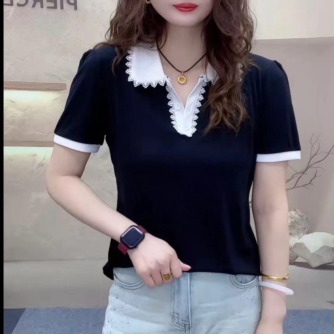 2025年夏季新款polo领蕾丝拼接短袖t恤女时尚洋气遮肚百搭上衣潮
