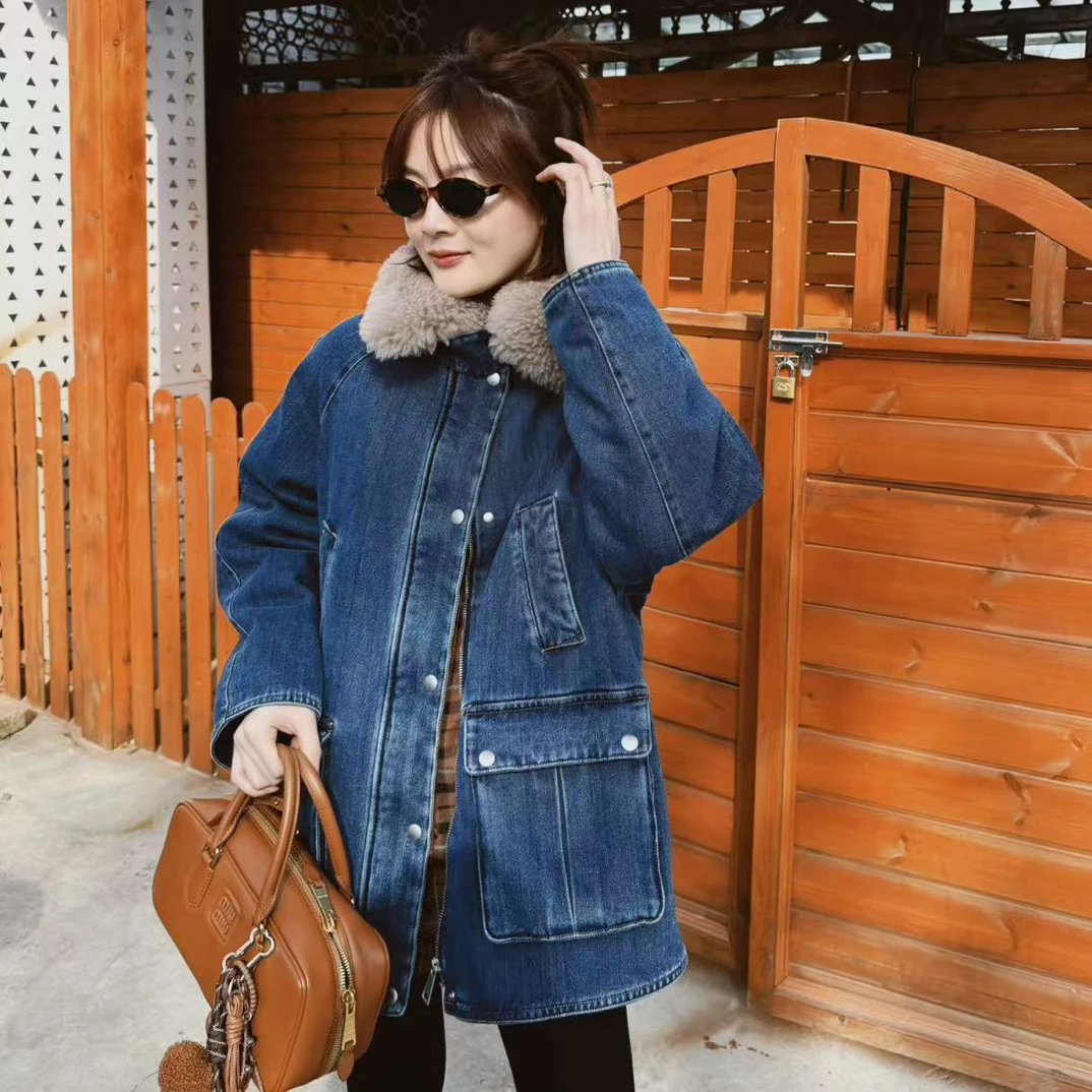 俪妍复古风厚款翻领直筒牛仔秋冬外套