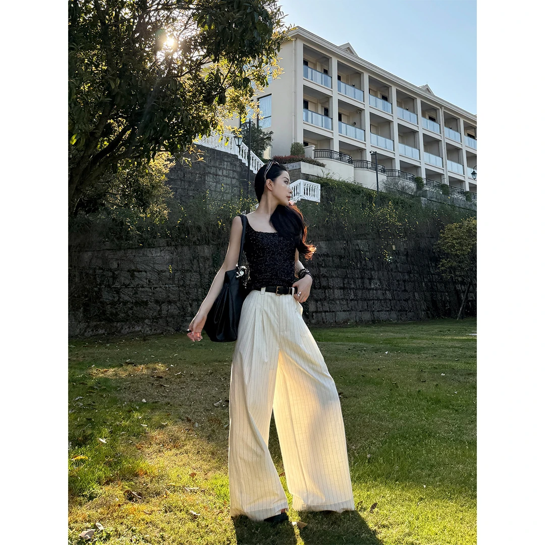 04.14 P0414K3657 带腰带细条纹阔腿裤女宽松直筒垂感拖地裤
