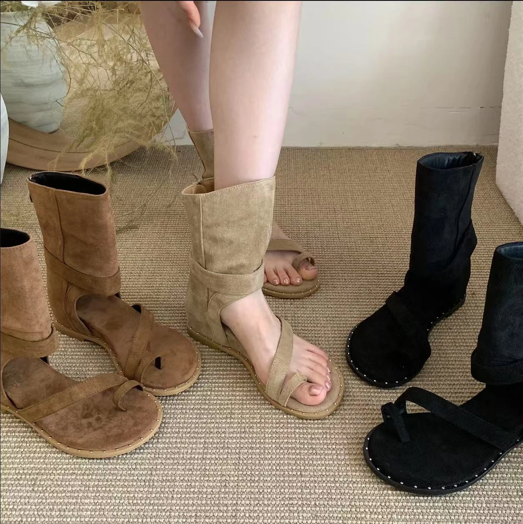 【退换货补运费】 "复古辣妹"森系套趾女夏季低跟短筒凉靴套趾短靴