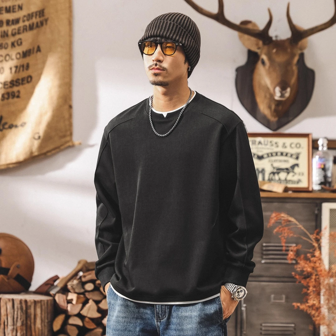 美式复古百搭重磅长袖t恤男宽松秋季新款潮牌拼接假两件男装上衣