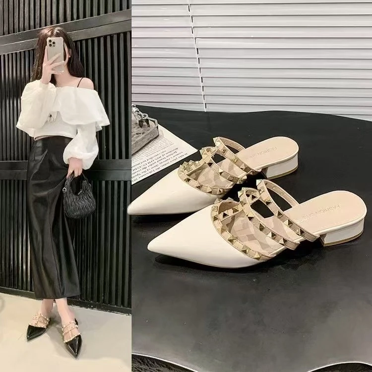 25301新款尖头铆钉舒适百搭软底矮跟半拖鞋