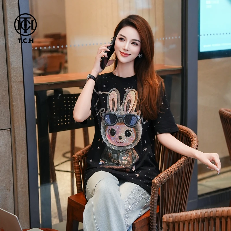 TCH轻奢烫钻工艺卡通个性百搭宽松休闲短袖T恤T75C10E9046私服tch