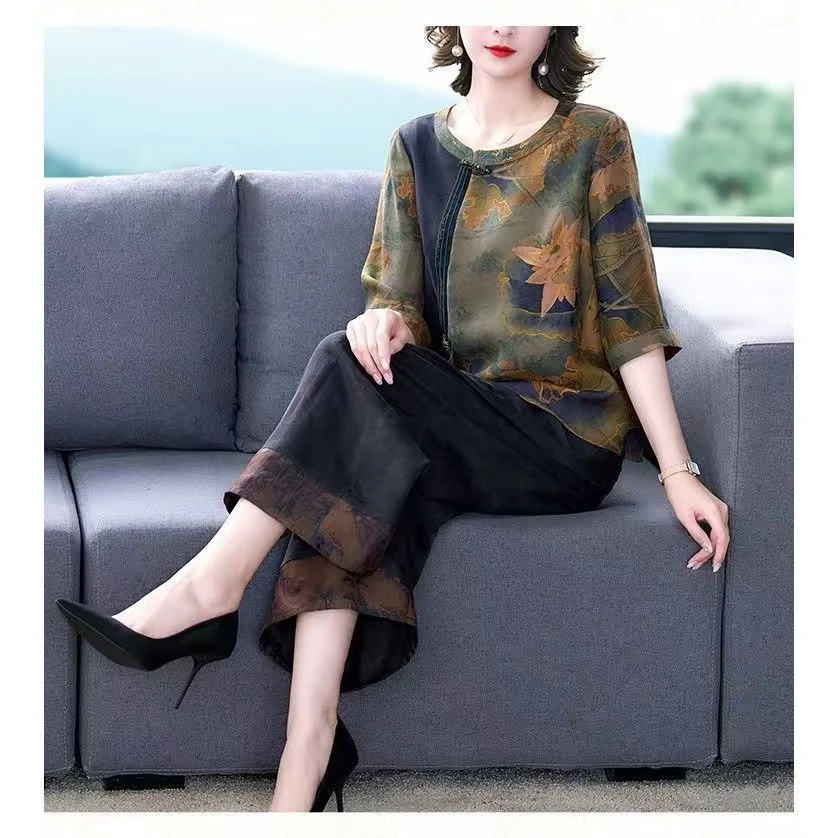 【羽墨】乡83023夏季新款国风两件套装提花刺绣九分裤显瘦