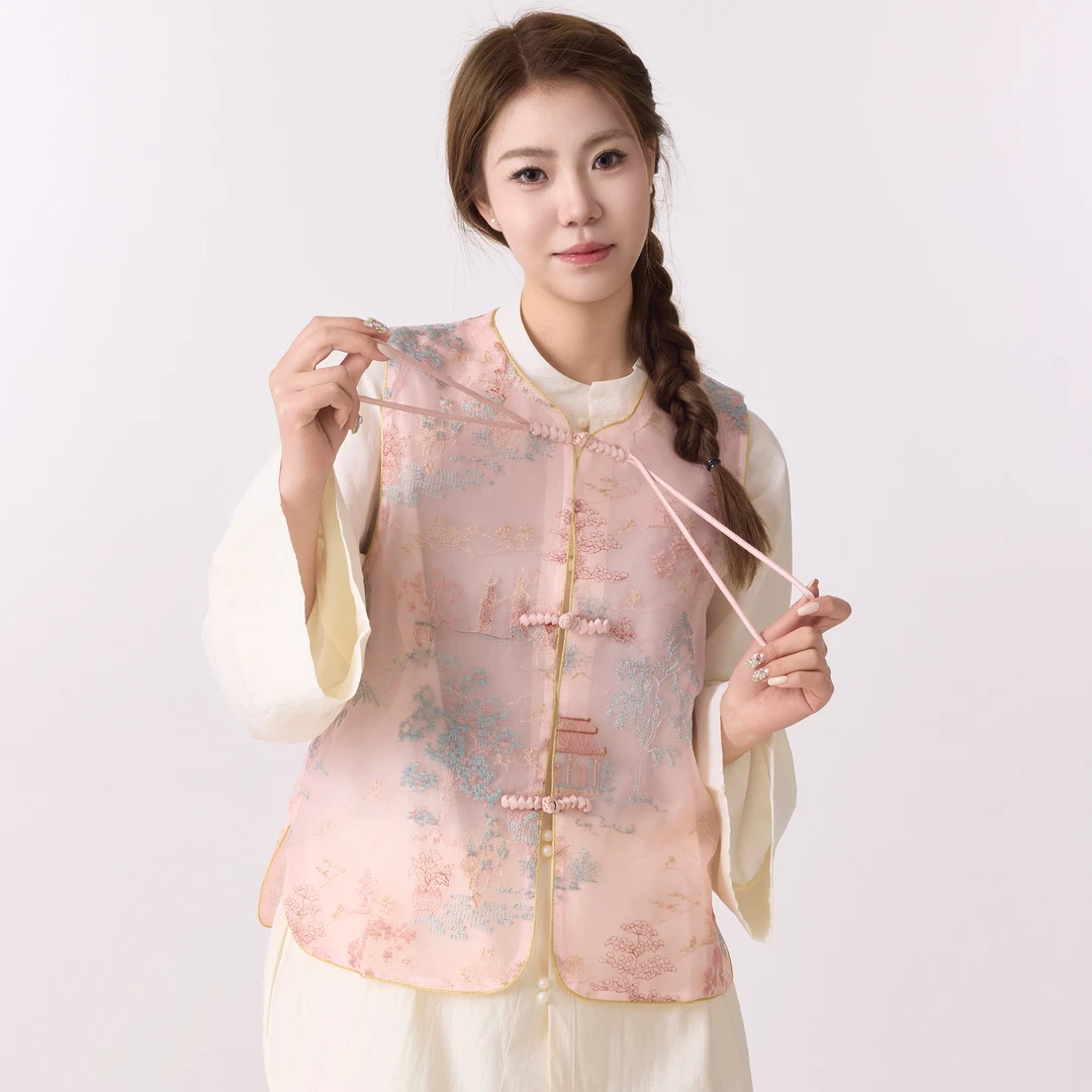 新中式国风刺绣珍珠扣立领马甲2025春季欧根纱薄款复古外穿马夹