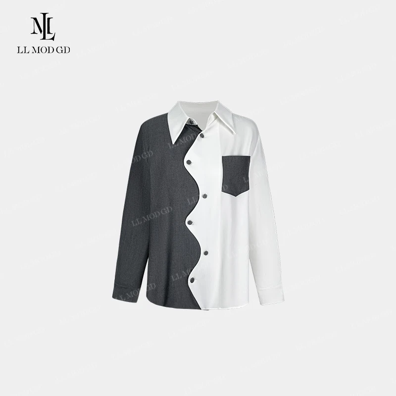 光影交错  法式高级不规则口袋装饰撞色时尚长袖衬衫  LL-260270
