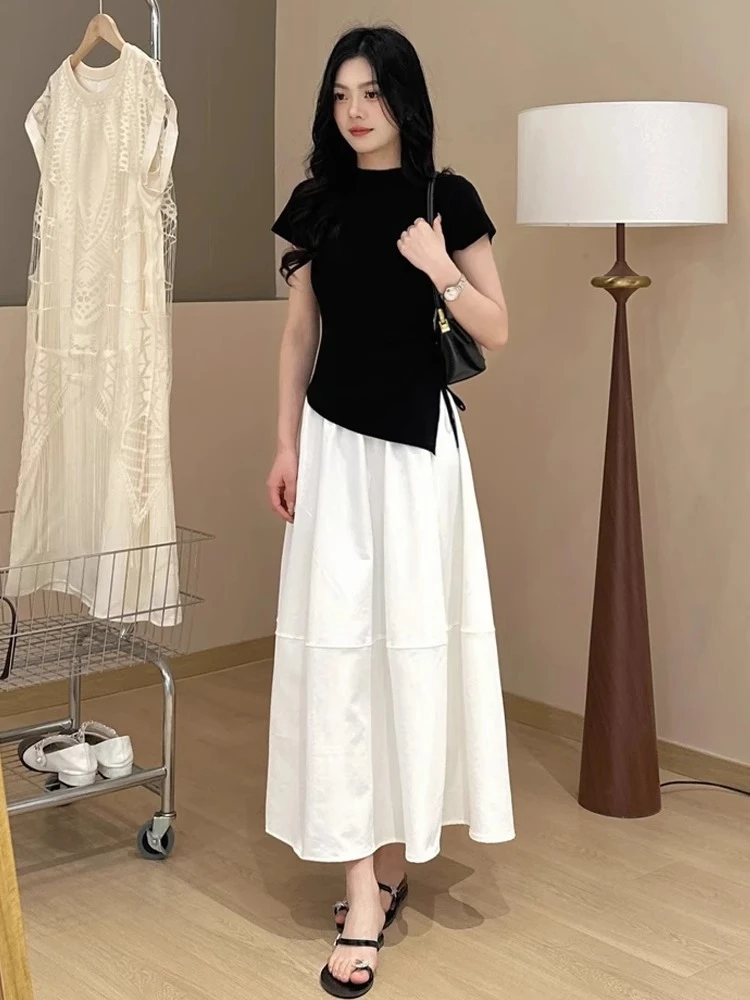 不规则黑色短袖t恤女士抽绳收腰内搭夏季2025新款设计感短款上衣