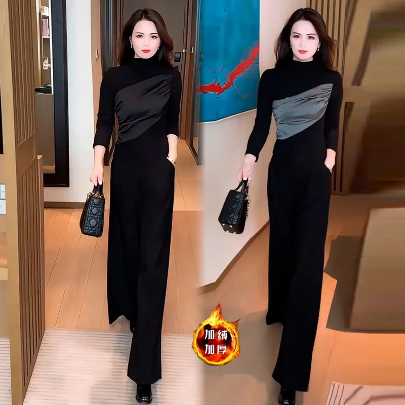 秋冬抓绒显瘦长袖半高领加绒打底上衣冬季高级感拼接长袖