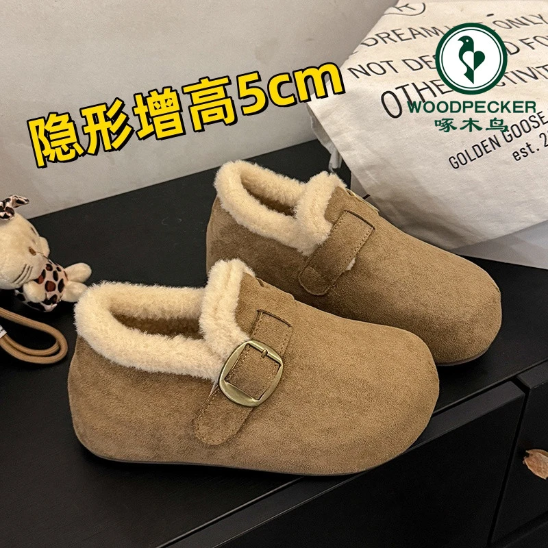 啄木鸟内增高厚底勃肯鞋女加绒2025年新款冬季全包毛毛博肯鞋棉鞋