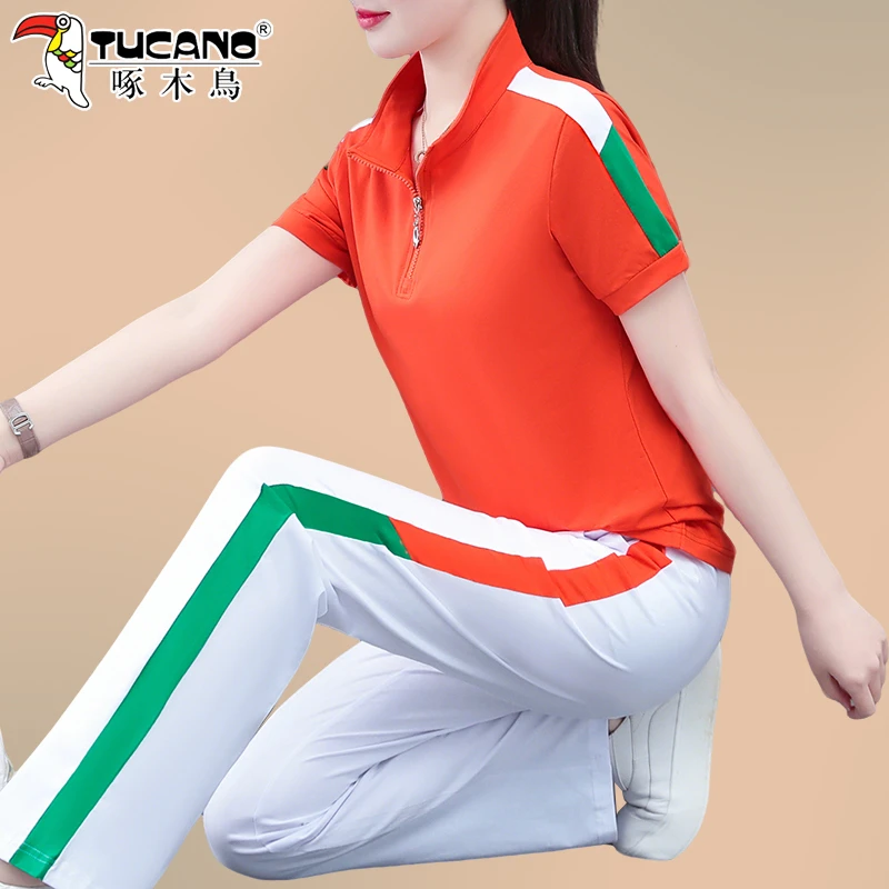 啄木鸟洋气妈妈广场舞运动套装女夏季2025新款女士短袖棉两件套