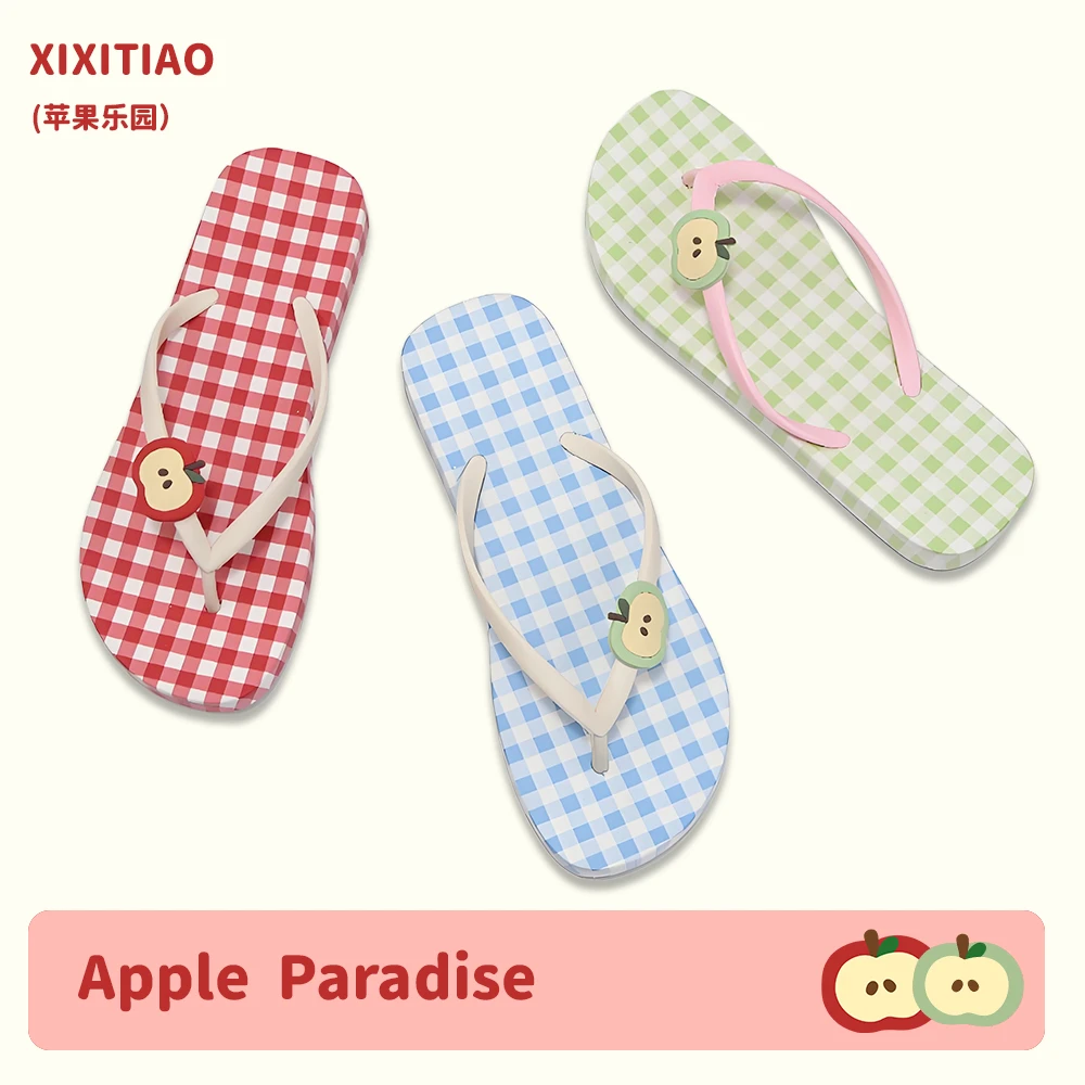 细细条 夏天海边度假可爱夹脚凉拖鞋女士ins撞色格子红苹果人字拖