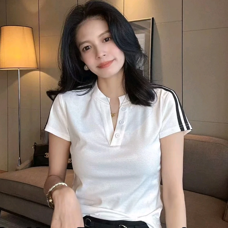 美式设计感炸街正肩三道杠立领纽扣洋气显瘦百搭气质短袖T恤潮