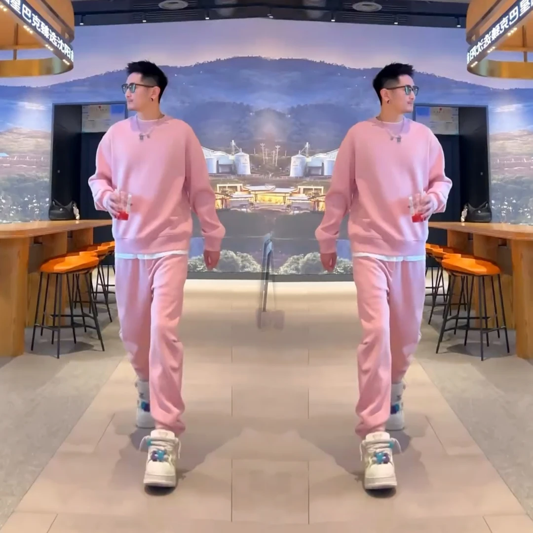 2025春秋拼色假两件套装男士纯色运动休闲套装卫衣卫裤男士套装