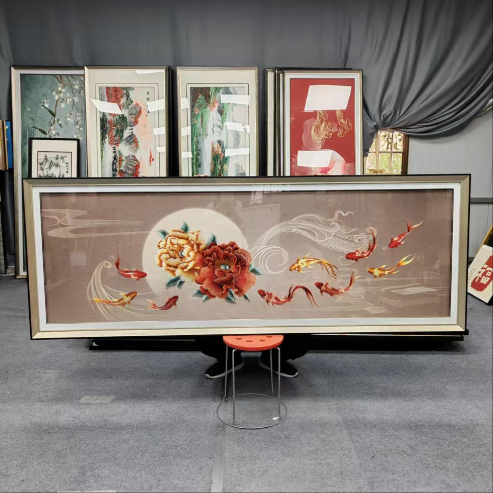 249九鱼牡丹刺绣织锦秀满绣新中式沙发背景中堂大厅挂画80230