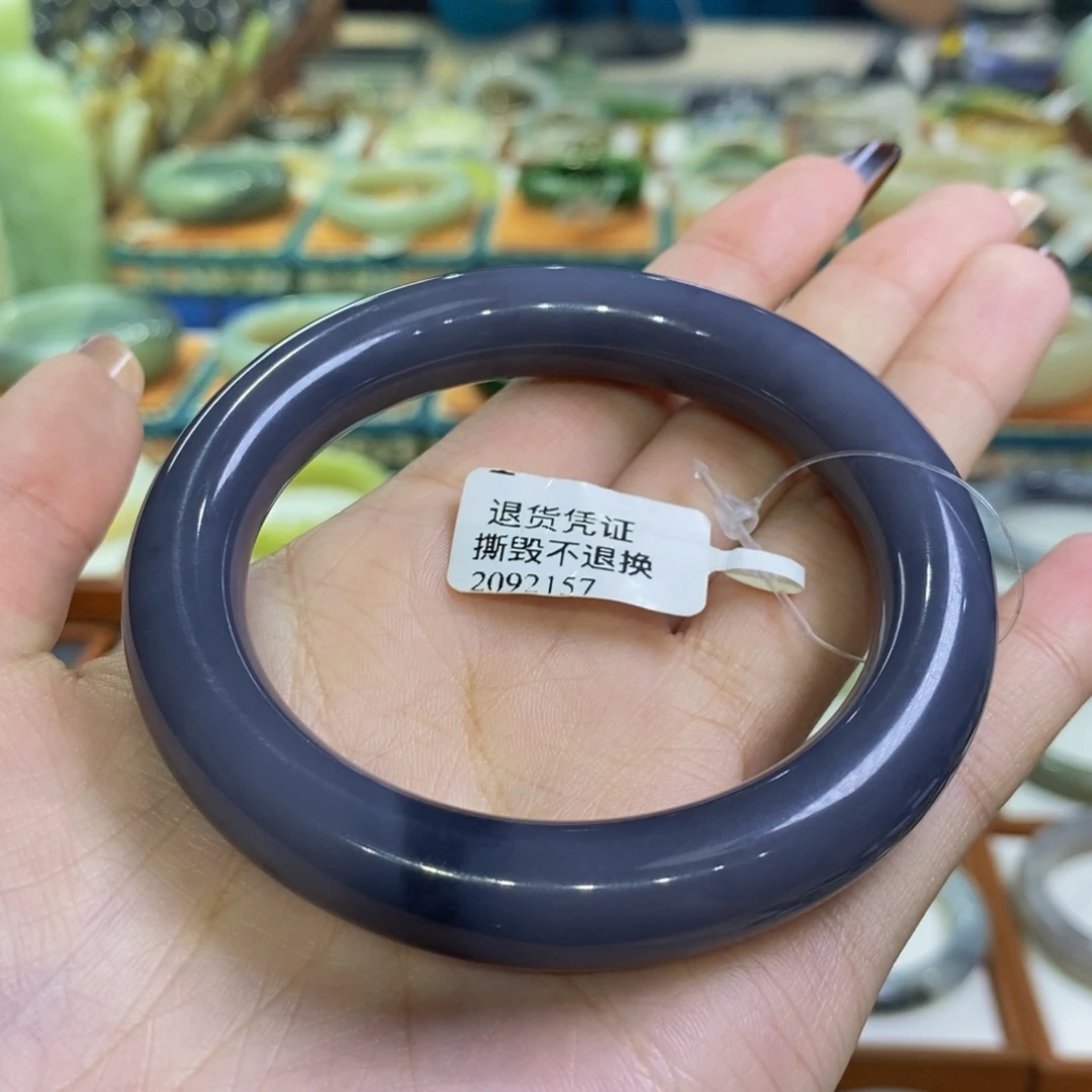 花***溪和田玉未镶嵌手镯青海浓色烟紫圆条58.5/59.5