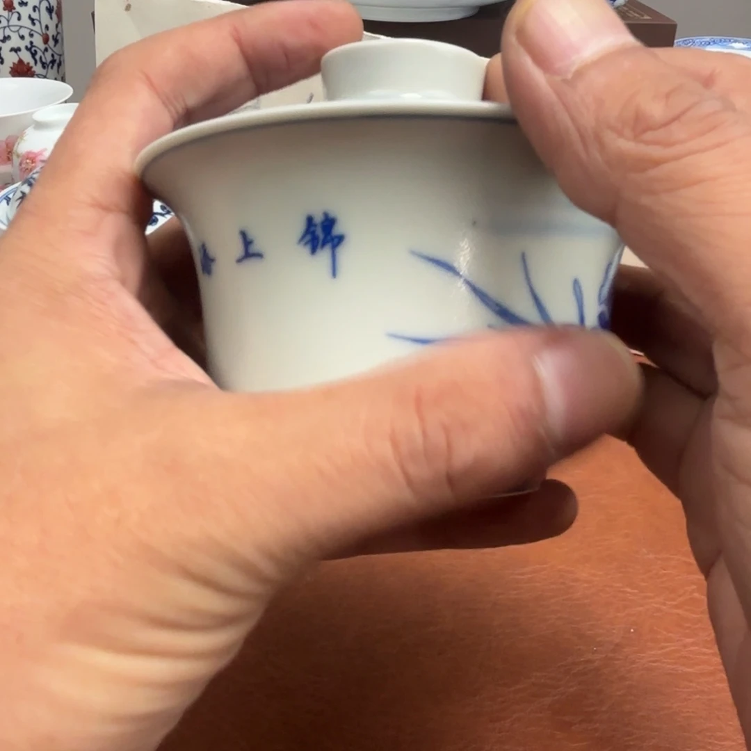 摆件陶微瑕花鸟盖碗景德镇发货