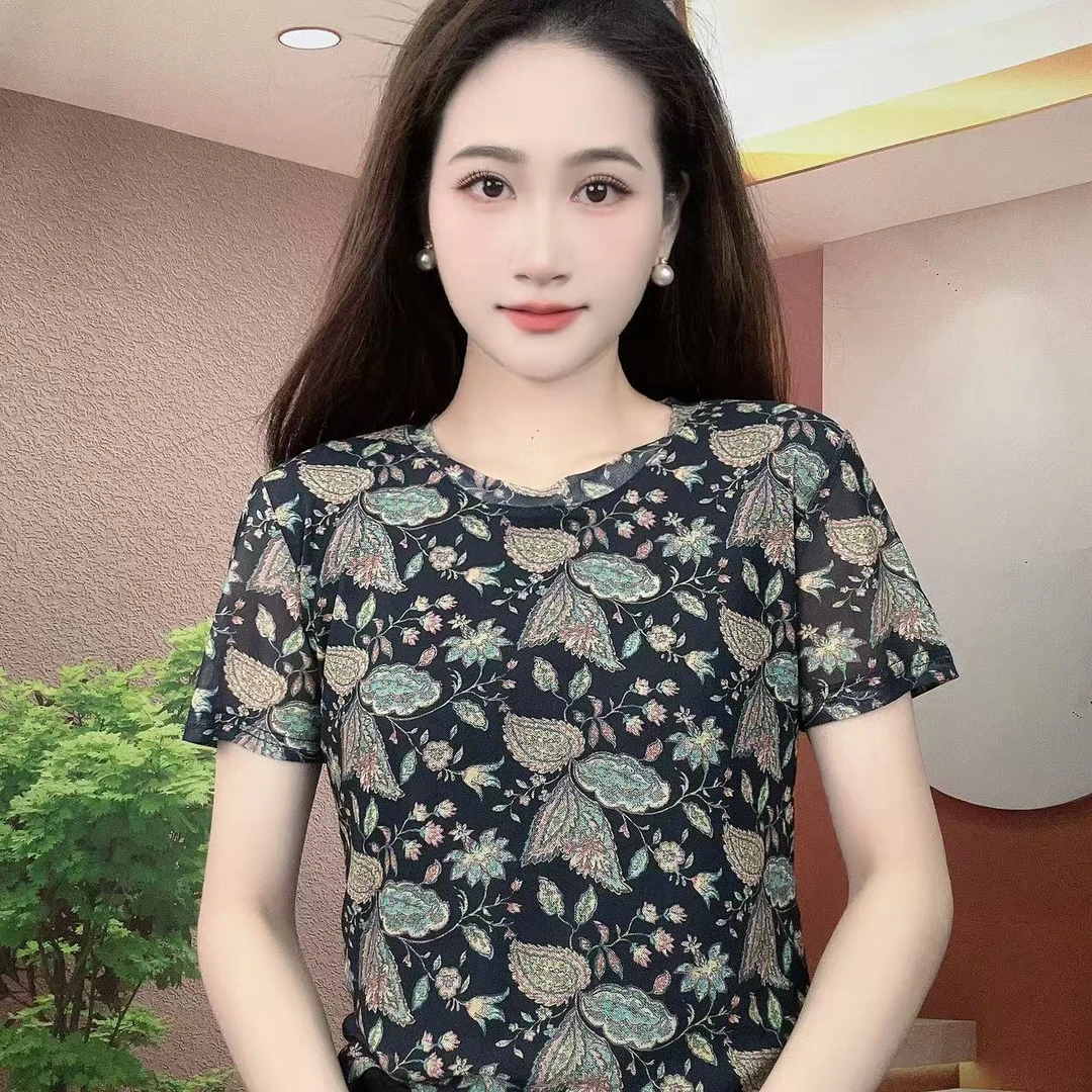 2025夏季新款短袖圆领肌肤纱时尚显瘦印花T恤上衣A385