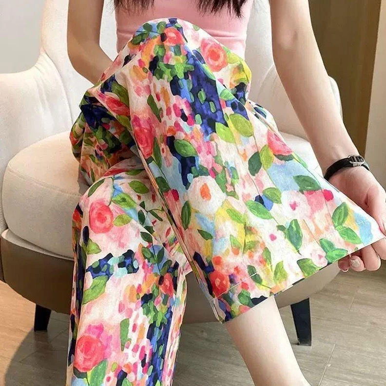 2025夏季阔腿裤薄款居家长睡裤女韩版九分宽松植物碎花裤子可外穿