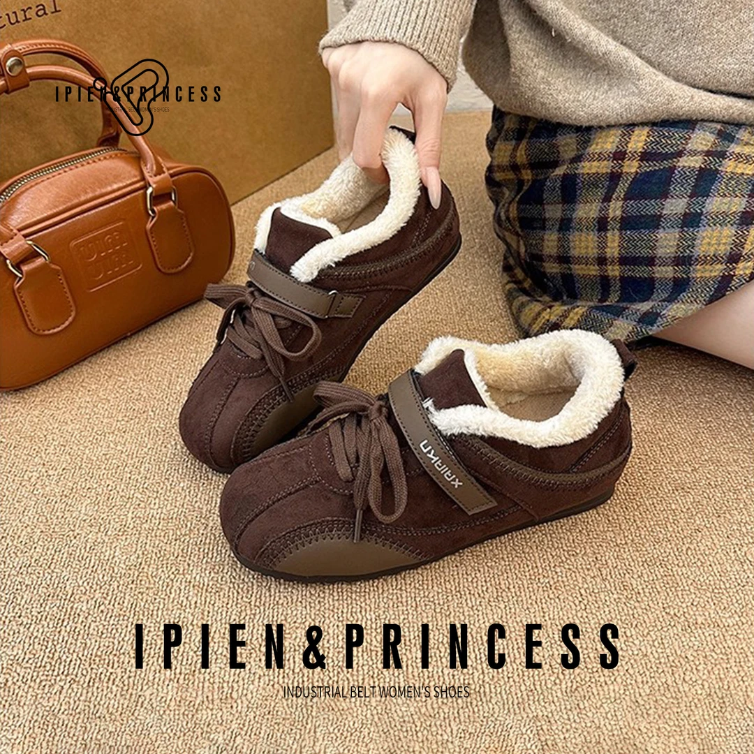 复古港风休闲风纯色棉鞋冬季德训鞋加绒保暖魔术贴内增高复古拼色