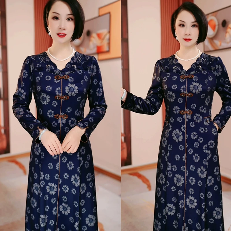 【现货】蓝色气质显瘦遮肉显瘦V领连衣裙H5B204中国风秋季新中式