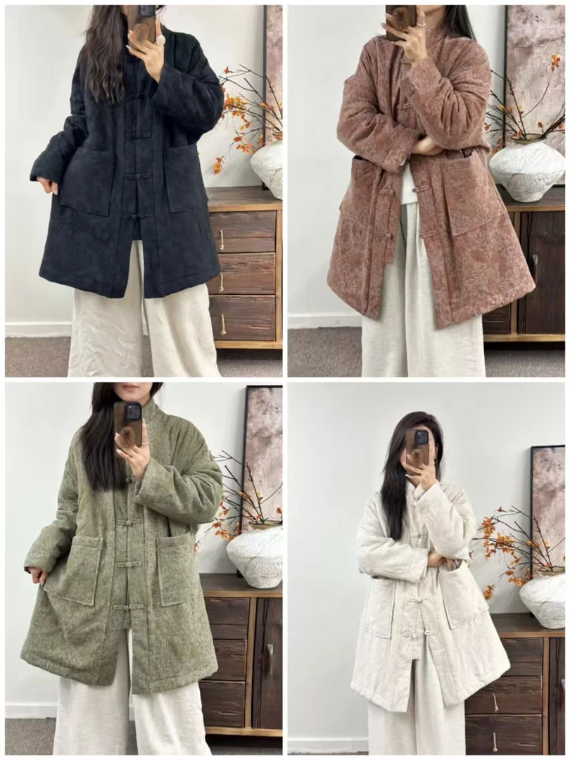 【小雨原创】3068亚麻提花盘扣长款开衫（衣长92胸围145）中式