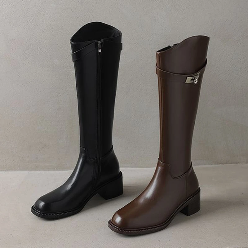真皮时尚中跟粗跟侧拉链长图骑士靴子百搭银扣小个子斜口高筒靴女