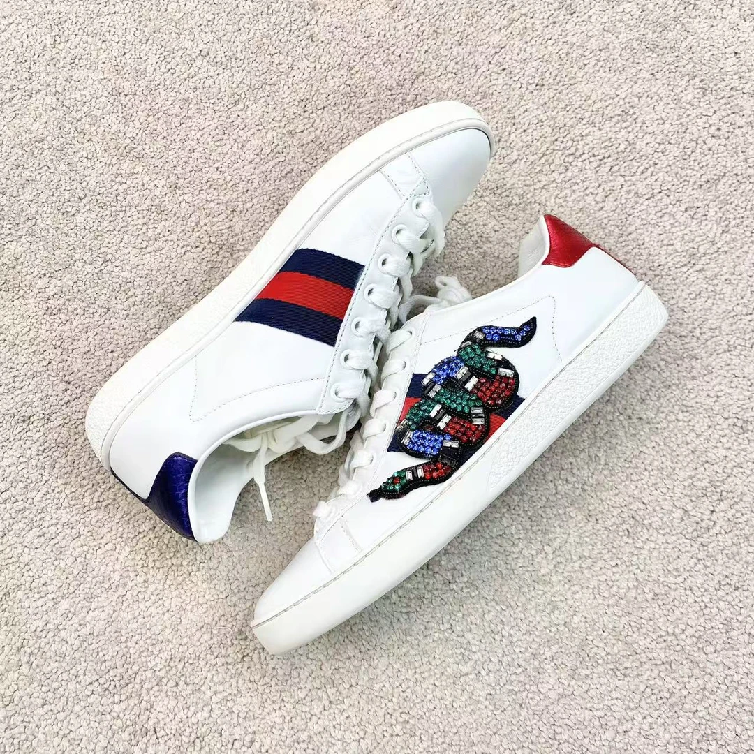 95新 GUCCI/古驰  bb1987 满钻珊瑚蛇小白鞋 36码