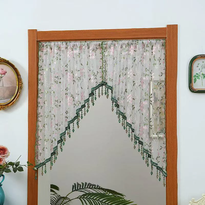 卧室家用装饰门帘隔断帘半截斜纱帘白色蕾丝门帘免打孔客厅隔断帘