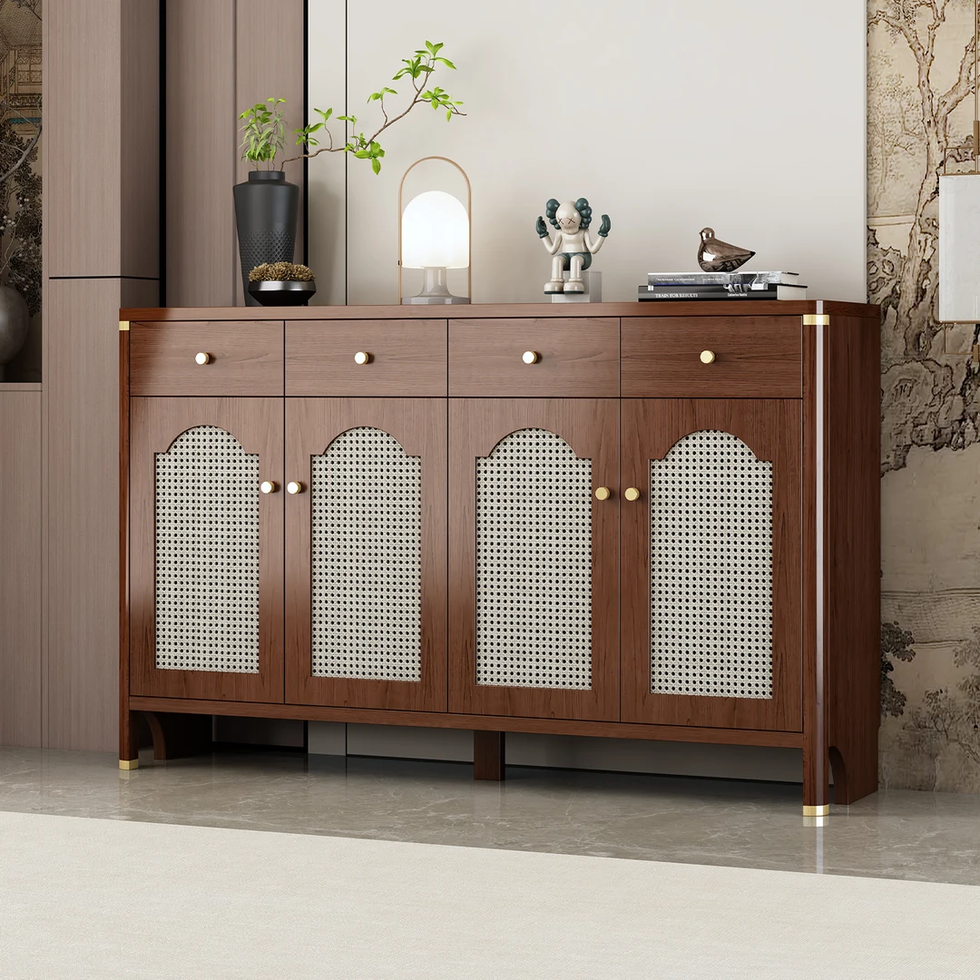 新中式多层鞋柜靠墙家用门口入户实木框玄关柜藤编门大容量收纳柜