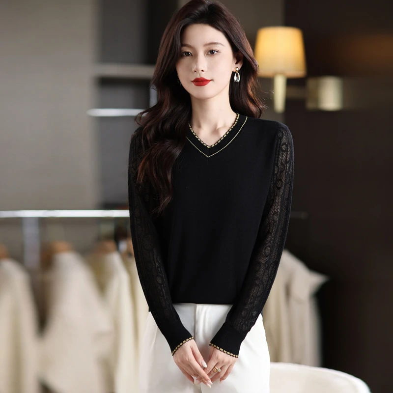 黑色v领长袖打底衫女春秋装2025新款镂空针织衫薄款毛衣内搭上衣
