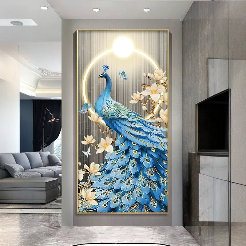 (全疆包邮)【星程】现代轻奢灯光光影晶瓷富贵孔雀高级大气玄关画