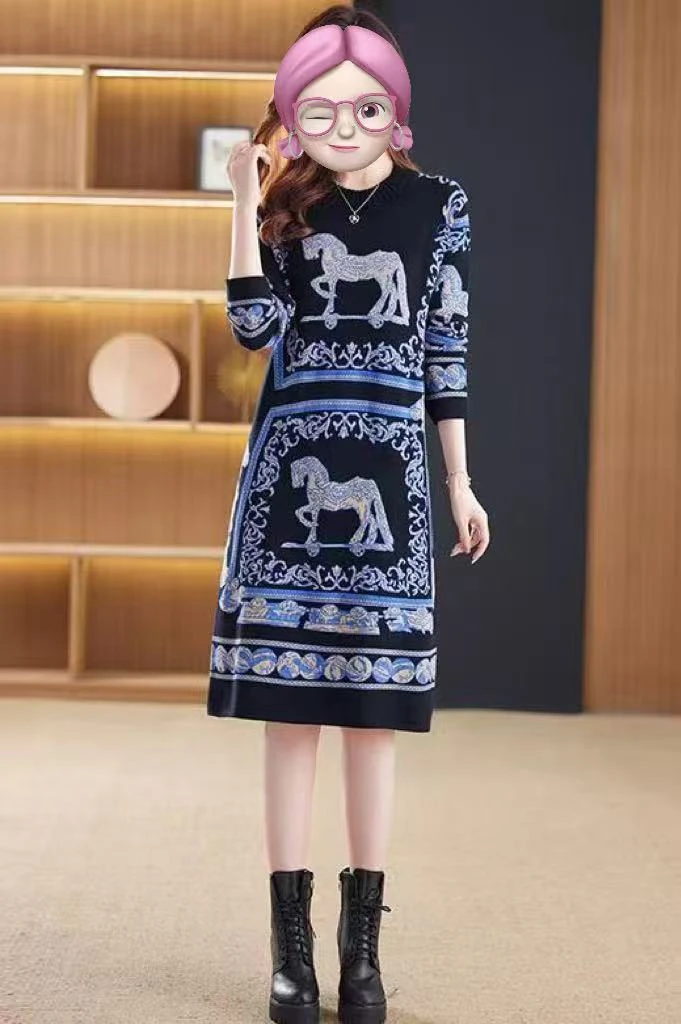 G新款中长款针织连衣裙长袖宽松毛衣裙子2135