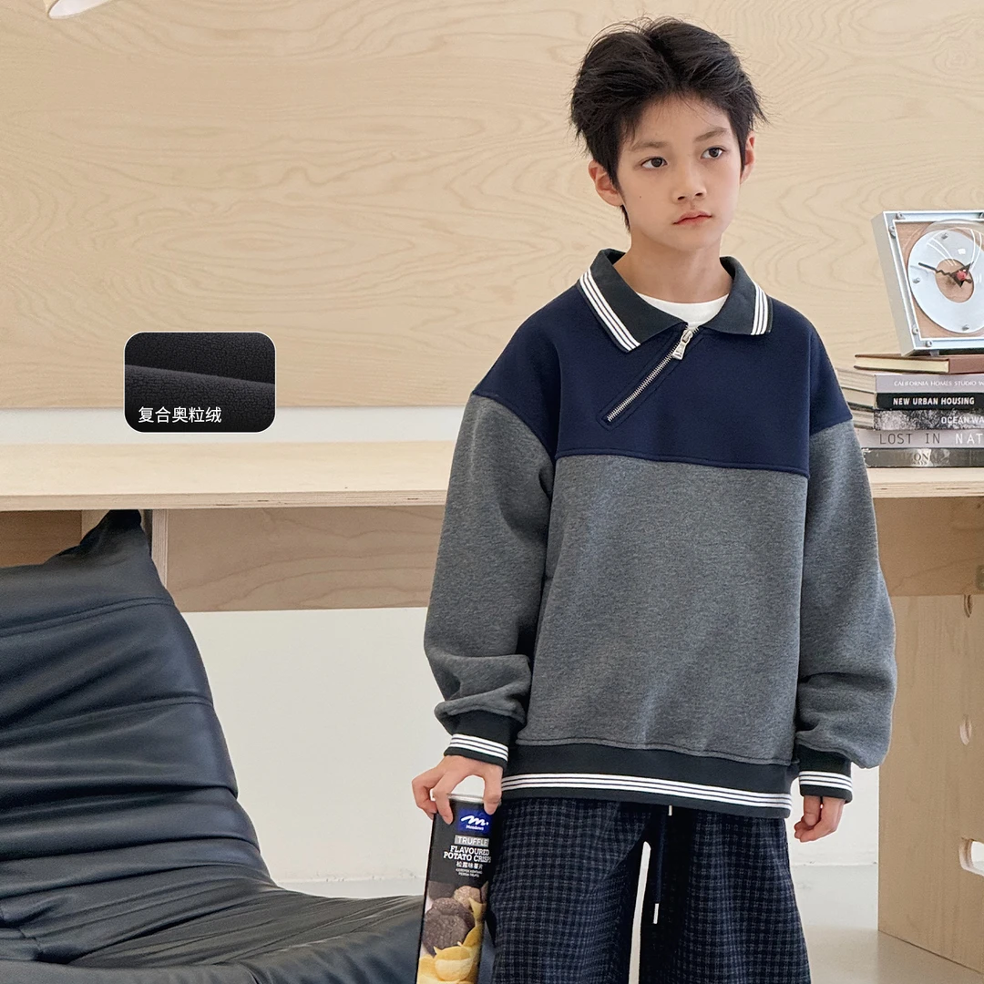 男童加绒卫衣冬装自制洋气中大童设计感上衣儿童潮套头衫厚AB1134