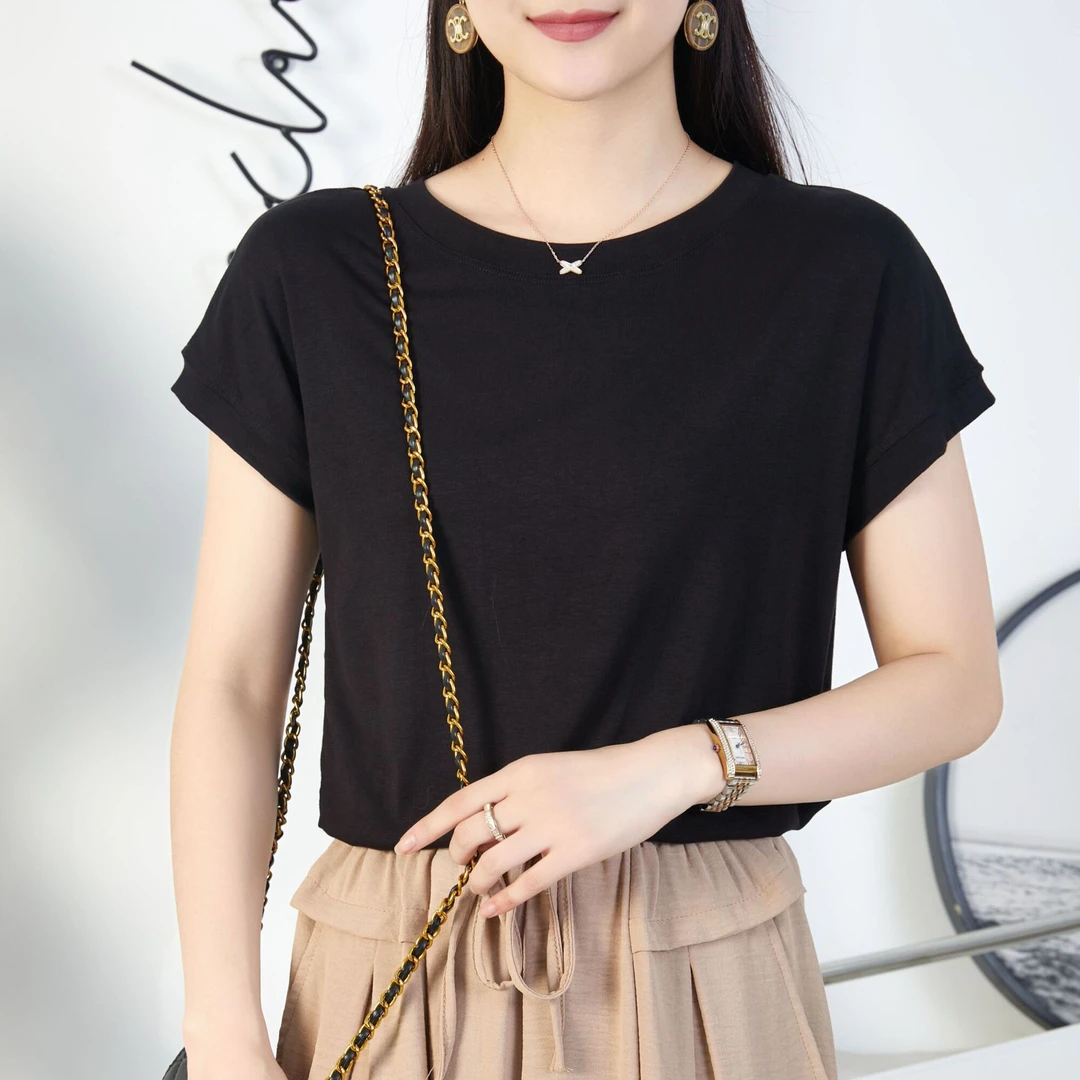 高品质新款弹力棉纯色圆领短袖小飞袖显瘦百搭时尚打底衫夏季