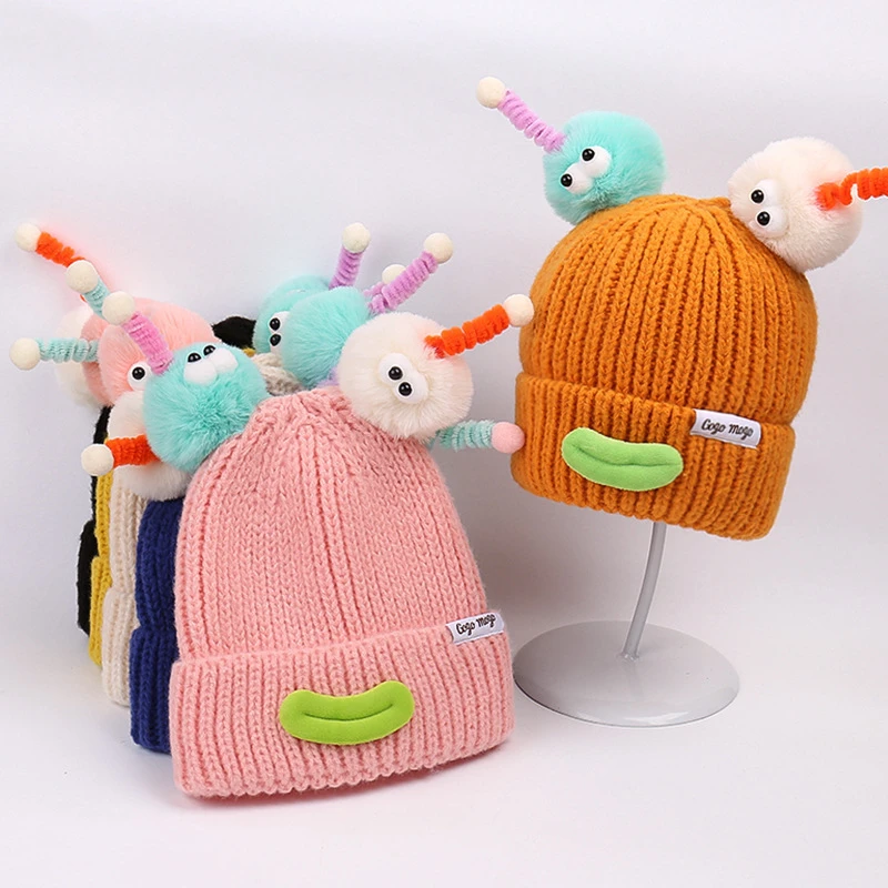 秋冬季搞怪卡通毛线帽子男女亲子可爱毛球亲子保暖针织户外套头帽