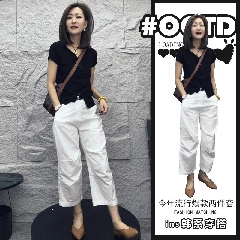 夏天搭配一整套时尚小个子短袖t恤女2025新款百搭显瘦高腰休闲裤